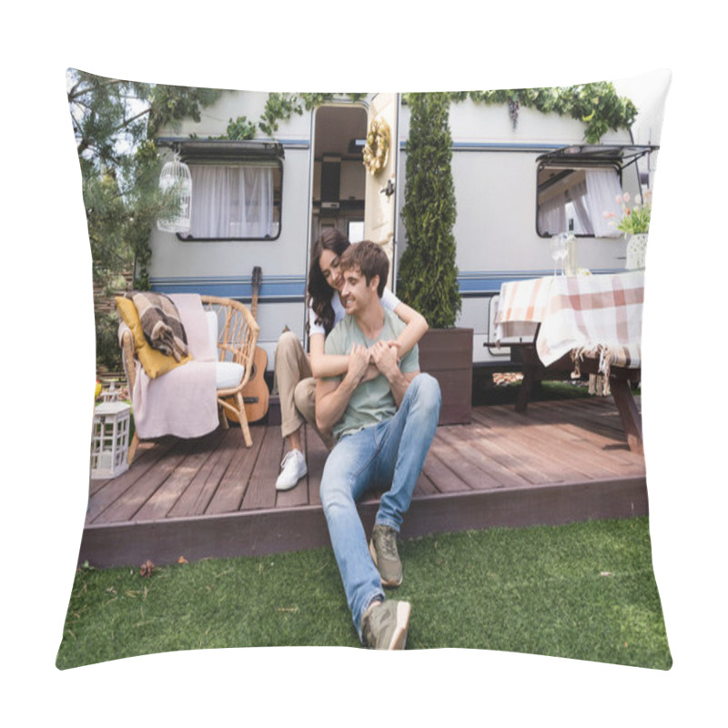 Personality  Smiling Woman Embracing Boyfriend On Terrace Near Camper Outdoors  Pillow Covers