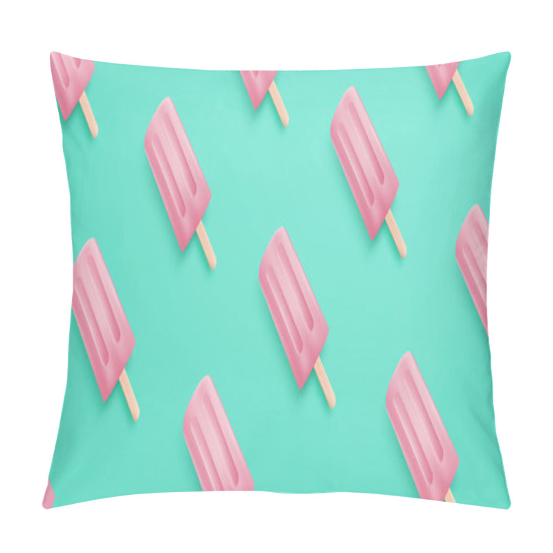 Personality  Realistic Pink Ice Cream Pattern On Green Background. Summer Season Banner Or Background For Shopping Promotion Advertisement. Pillow Covers