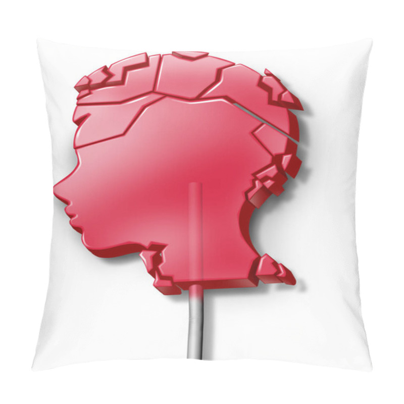 Personality  Child Abuse Symbol And Domestic Violence On Children As A Psychology Concept Or Juvenile Diabetes As A Broken Lollipop Candy Shaped As A Head Of A Kid With 3D Illustration Elements. Pillow Covers