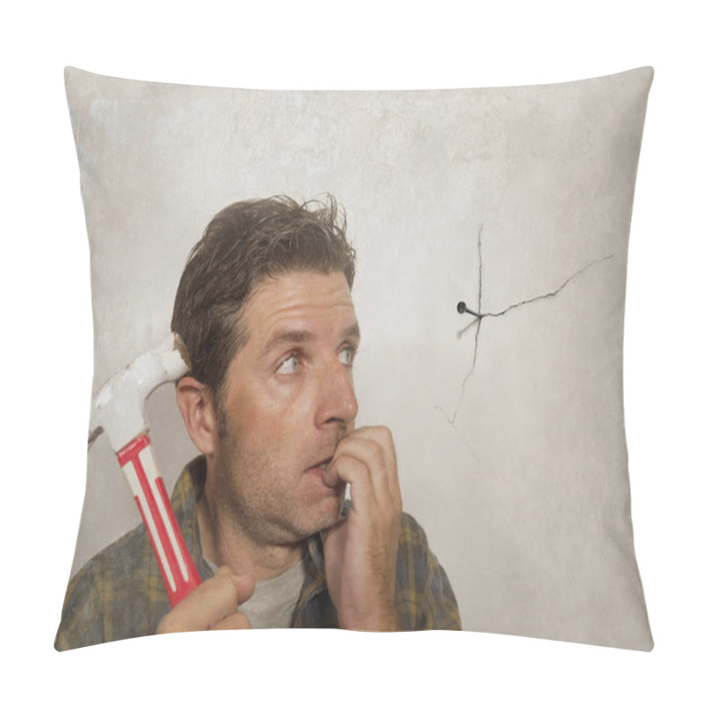 Personality  Funny Portrait Of Man Holding Hammer After Driving A Nail For Hanging A Frame But Making A Mess Cracking The Wall As A Disaster DIY Guy And Messy Domestic Repair Task  Pillow Covers