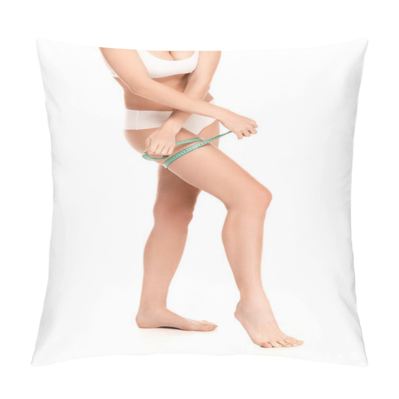 Personality  Cropped View Of Barefoot Woman In Top And Panties Measuring Thigh Isolated On White  Pillow Covers