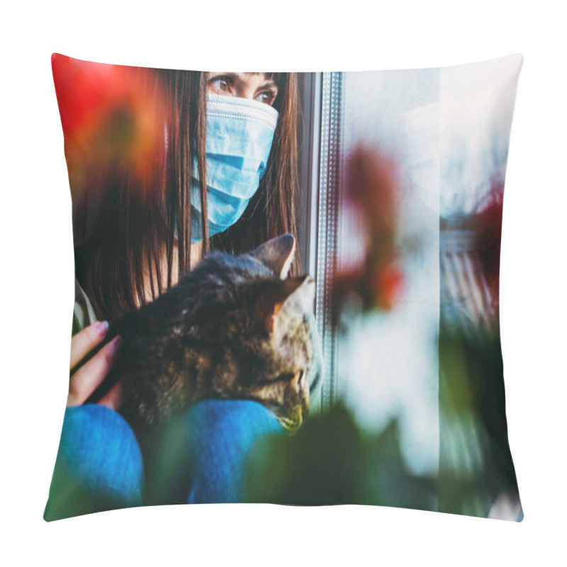 Personality  Virus. A Woman Is Sitting With A Cat In A Protective Gauze Mask From The Virus. Pillow Covers