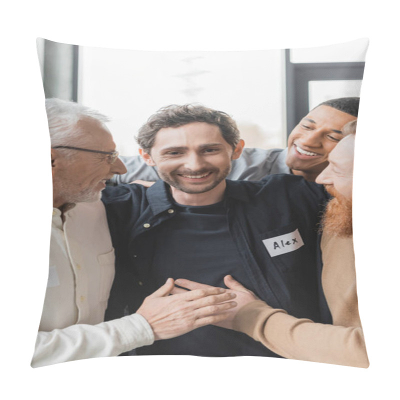 Personality  Interracial People Hugging Cheerful Man During Alcoholics Therapy In Rehab Center  Pillow Covers