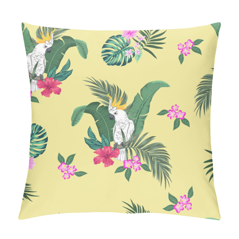 Personality  Vector Seamless Botanical Tropical Pattern With Parrots And Flowers. Floral Exotic Background Design With Banana Leaf, Areca Palm Leaves, Monstera Leaves, Hibiscus Flowers, Frangipani. Pillow Covers