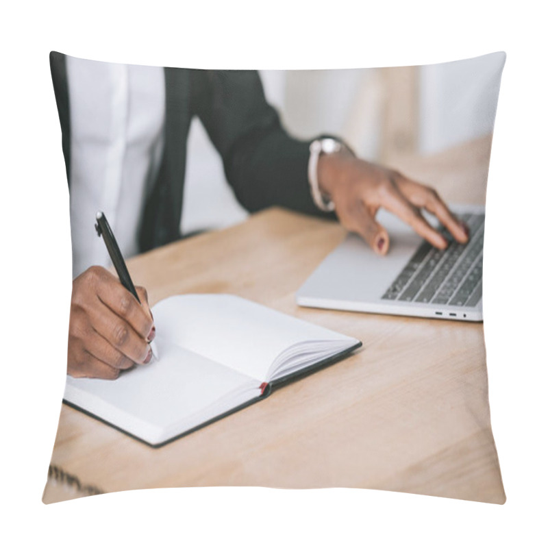 Personality  Cropped View Of Beautiful African American Woman Writing In Notebook And Using Laptop Pillow Covers