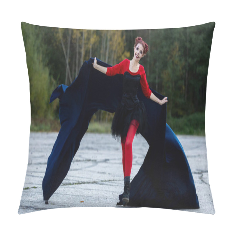 Personality  A Cheerful, Beautiful Young Woman In Motion, Wearing Red And Black Clothes With A Blue Cape: A Play Of Colors And Halloween Fun Pillow Covers