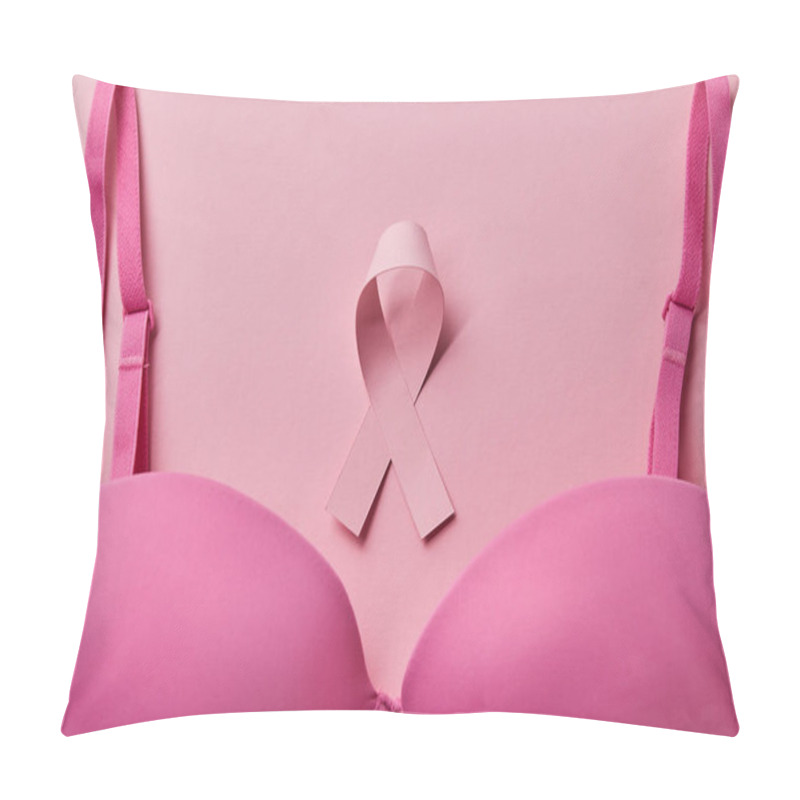 Personality  Top View Of Brassiere Near Ribbon On Pink Background, Breast Cancer Concept Pillow Covers