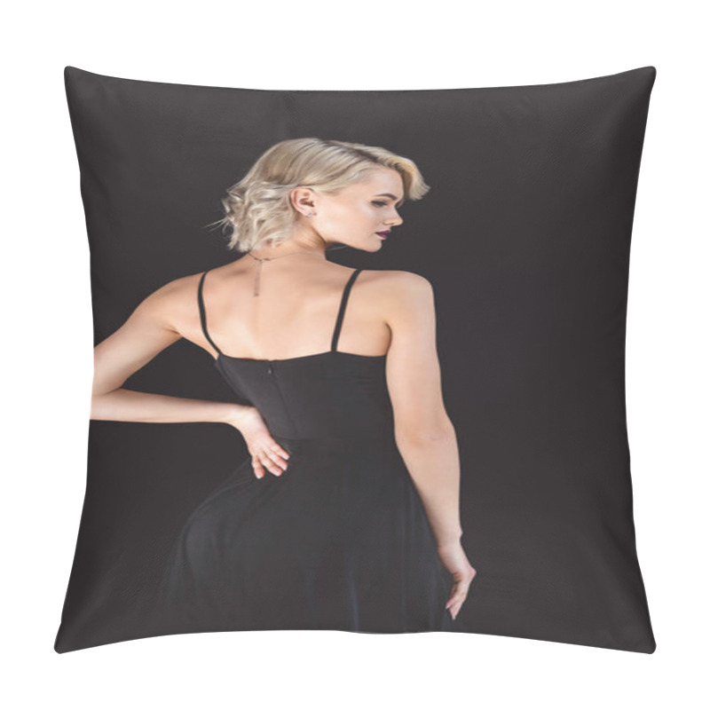 Personality  Back View Of Beautiful Girl Posing In Elegant Black Dress, Isolated On Black  Pillow Covers