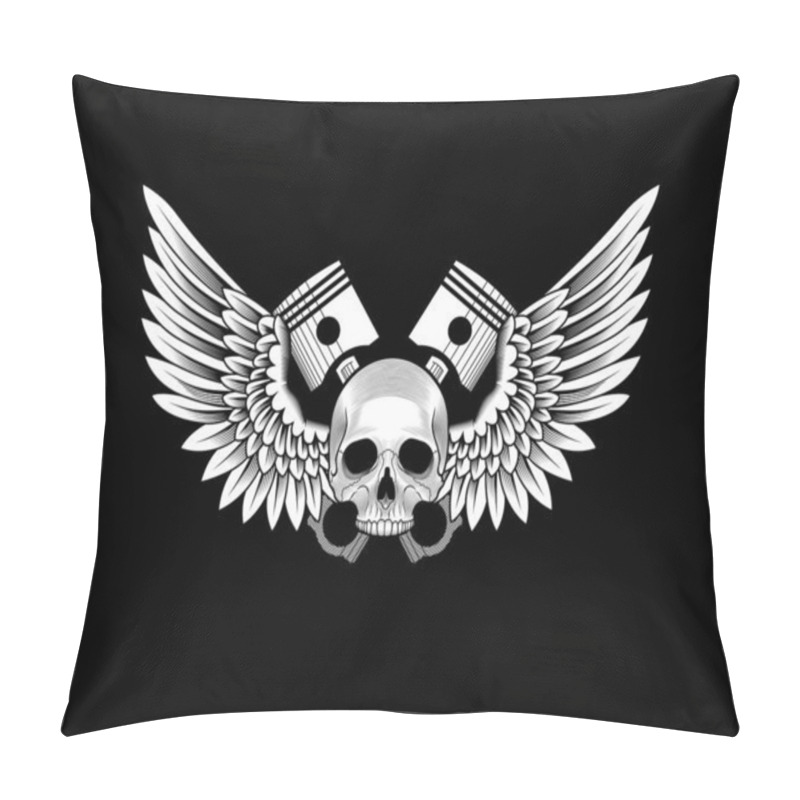 Personality  Skull With Wings And Pistons. Auto Repair Shop Or Motorbike Bike Club Emblem. White On Black. Stock Vector Illustration. Pillow Covers