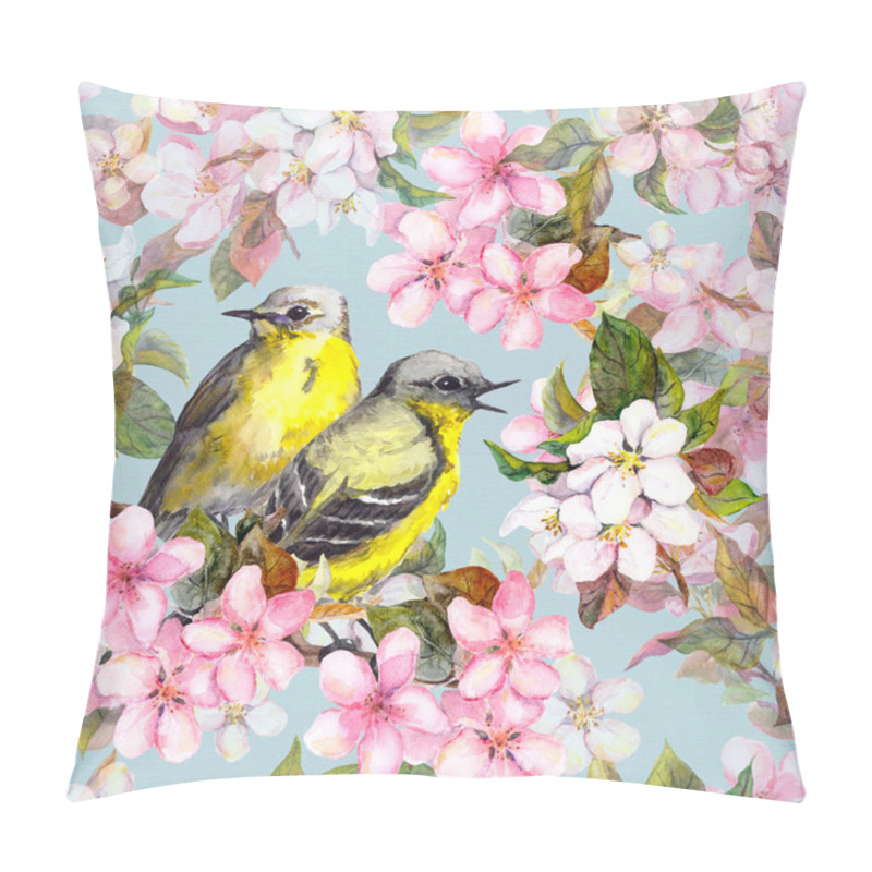 Personality  Seamless Repeated Floral Pattern - Pink Cherry, Sakura And Apple Flowers With Birds. Watercolor Pillow Covers