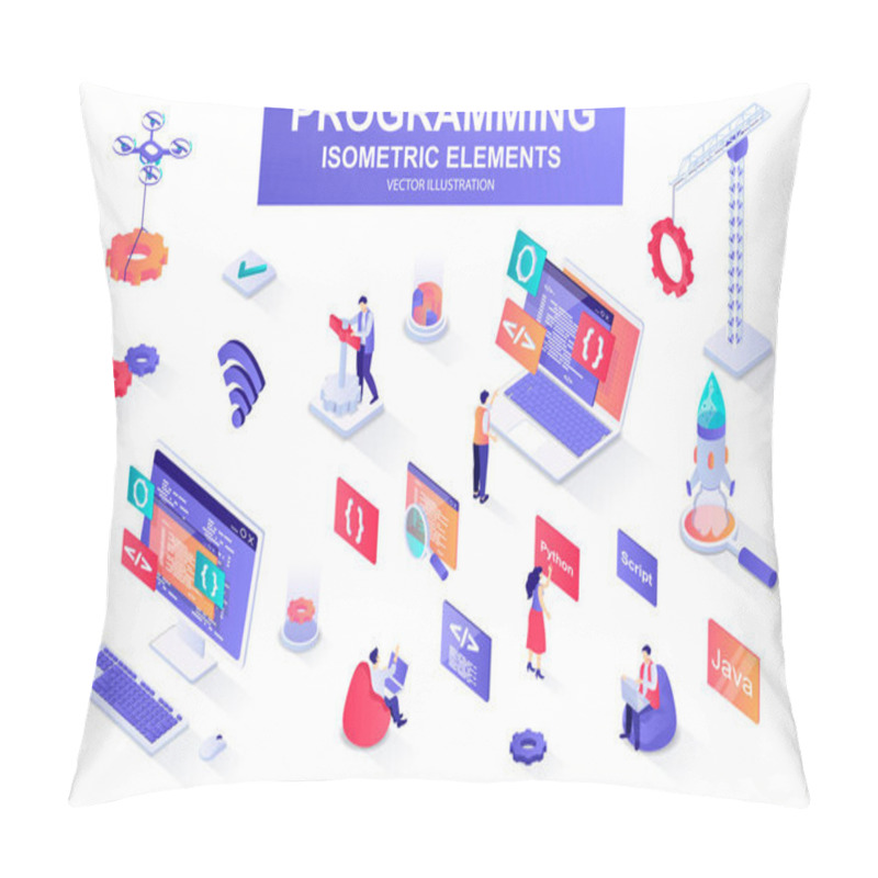 Personality  Programming Bundle Of Isometric Elements. Developer Working, Program Languages, Software Engineering, Full Stack Development Isolated Icons. Isometric Vector Illustration Kit With People Characters. Pillow Covers