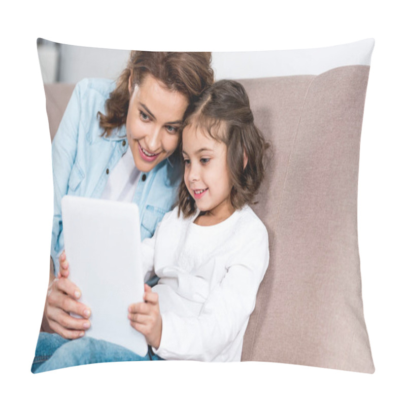 Personality  Smiling Mother And Daughter Sitting On Brown Sofa And Using Digital Tablet  Pillow Covers