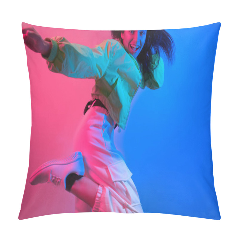 Personality  The Brunette Dances In Neon, The Dancer In Red-blue. Hip Hop Girl, Party, Smile. Model In Flight, Jumping. Bright Photo, Emotions. Pillow Covers