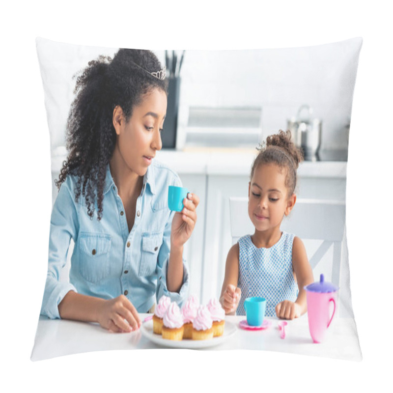 Personality  African American Mother And Daughter With Tiaras Sitting At Table With Cupcakes In Kitchen Pillow Covers