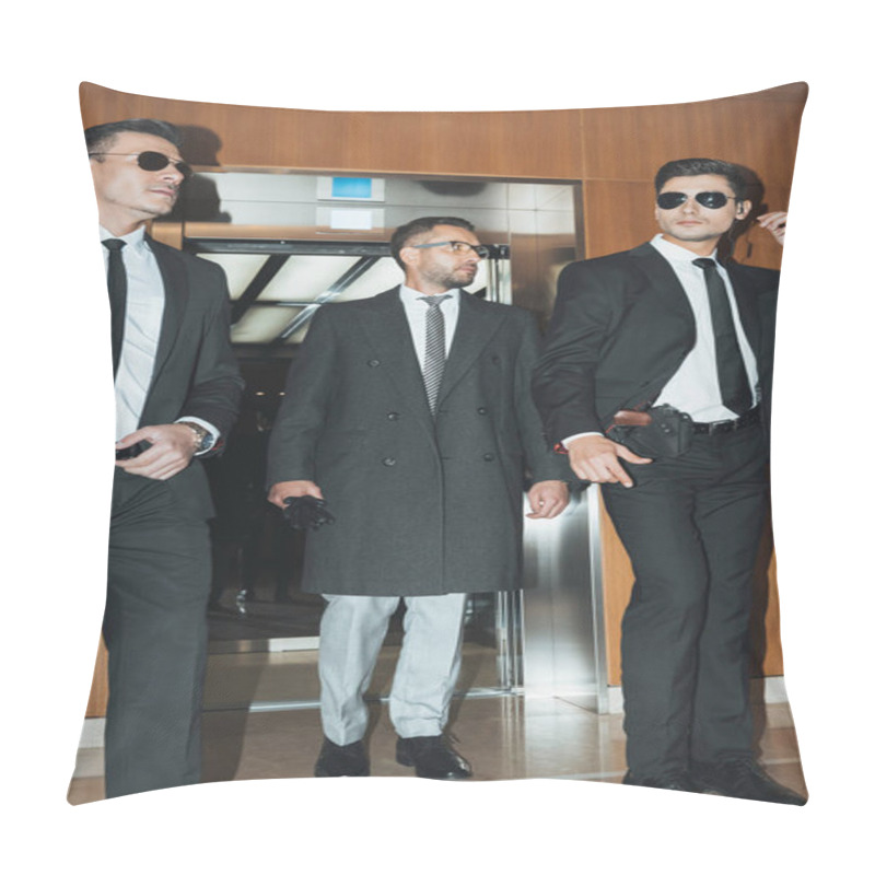 Personality  Businessman Going Out From Elevator With Two Bodyguards Pillow Covers