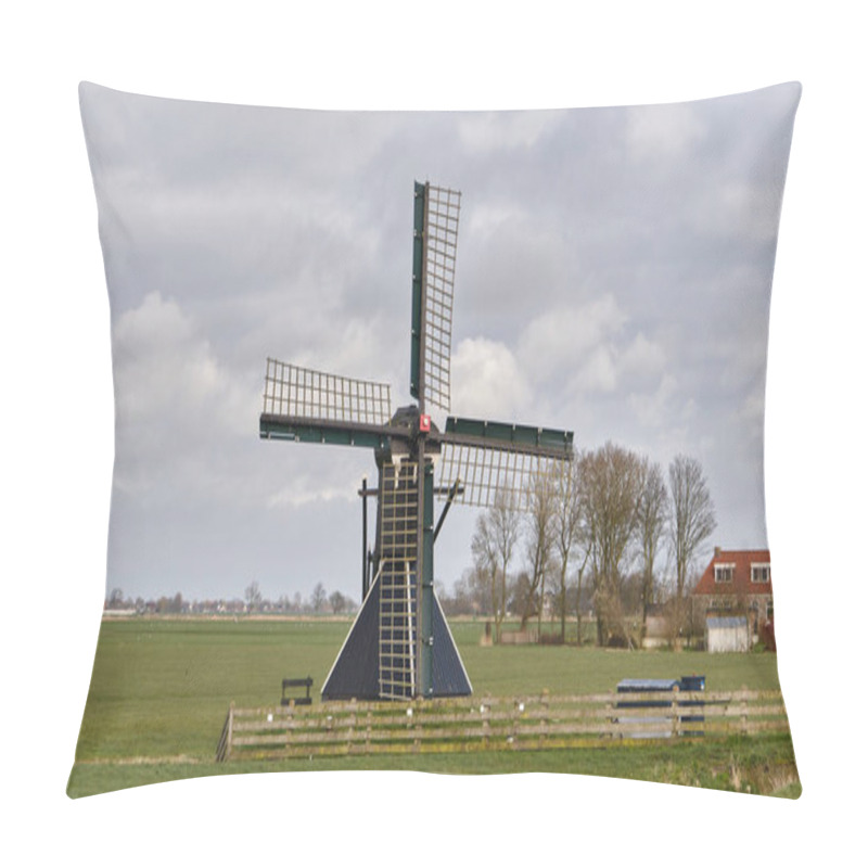 Personality  The Hiemerter Mole, A Traditional Spinnenkop Polder Windmill In Friesland, Stands In An Open Field With A Rural Backdrop, Showcasing Dutch Water Management History. Pillow Covers