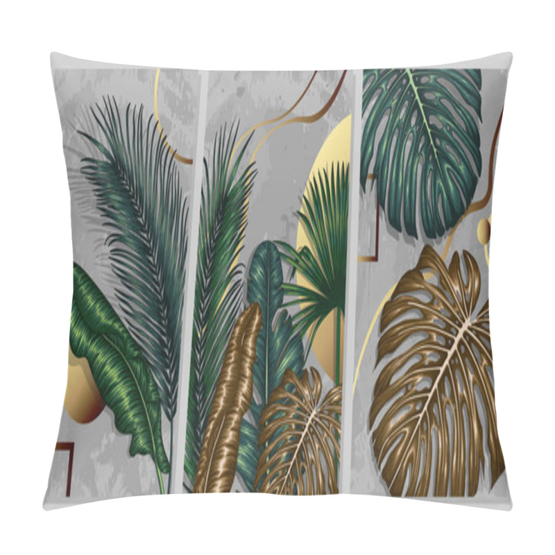 Personality   Set Of 3 Vector Posters Tropical Graphic Leaves With Gold Geometric Shapes On A Gray Background Pillow Covers