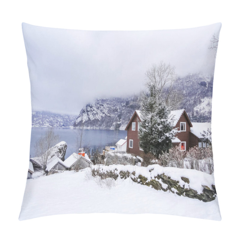 Personality  Beautiful Idyllic View From Village To Fjord, Framfjorden, Vestland, Vik, Norway. Pillow Covers