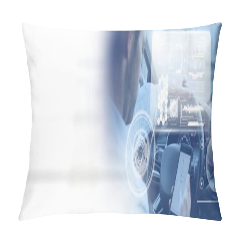 Personality  Digital Composite Of Man Driving In Car With Heads Up Display Interface  And Phone And Transition Pillow Covers