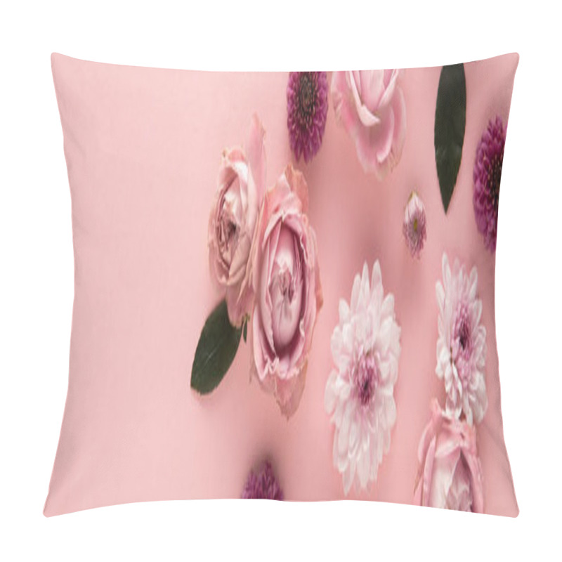 Personality  Top View Of Blooming Spring Flowers On Pink Background, Panoramic Shot Pillow Covers