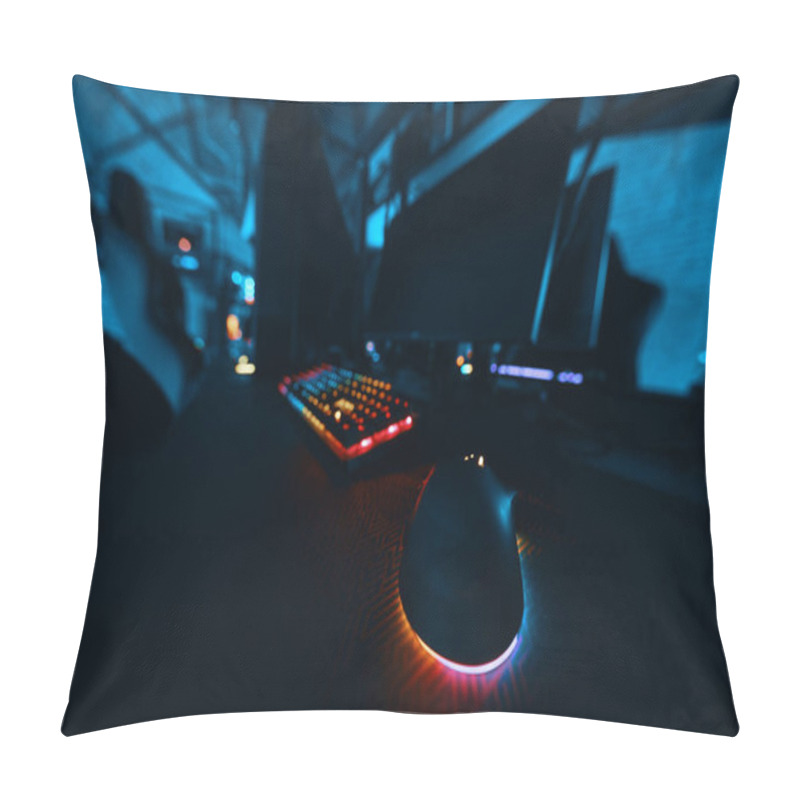 Personality  A Vibrant Gaming Keyboard And A Glowing Mouse Are Placed On A Desk In Low Light. Pillow Covers