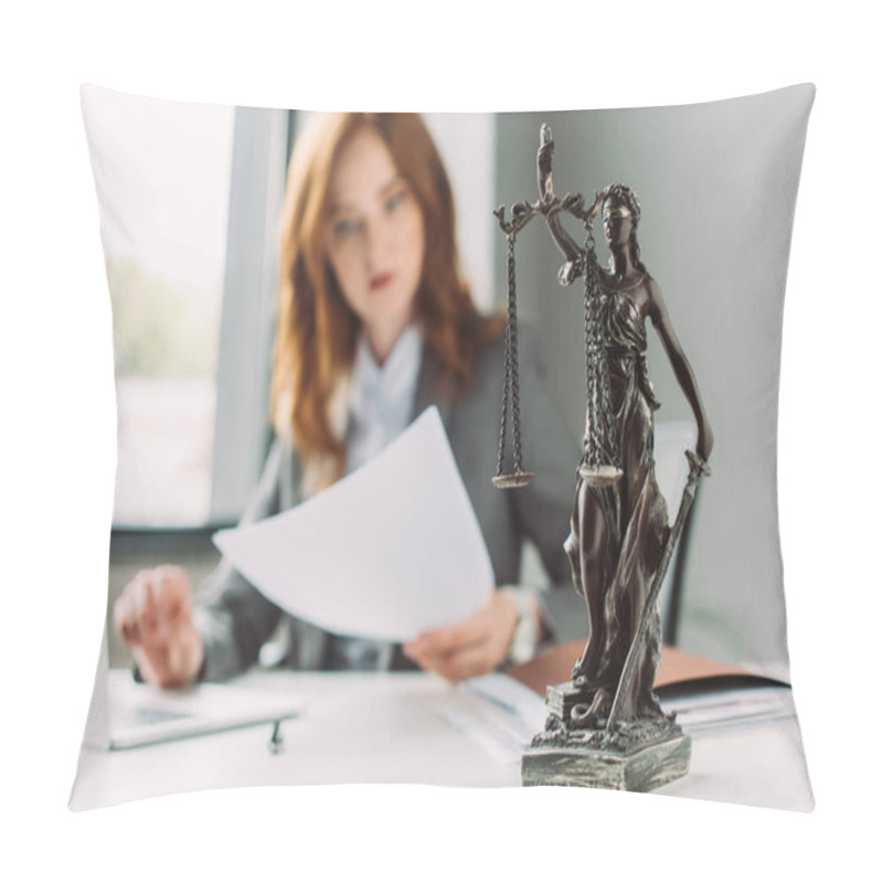 Personality  Themis Figurine On Table With Blurred Lawyer Working On Background Pillow Covers