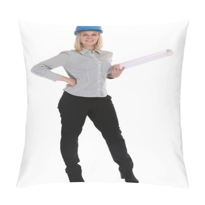 Personality  Architect Architect Standing Woman With Professional Plan Released In Front Of A White Background Pillow Covers