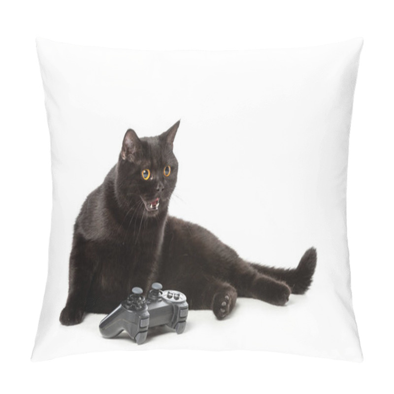 Personality  Angry Black British Shorthair Cat Hissing Near Joystick For Video Game Isolated On White Background  Pillow Covers