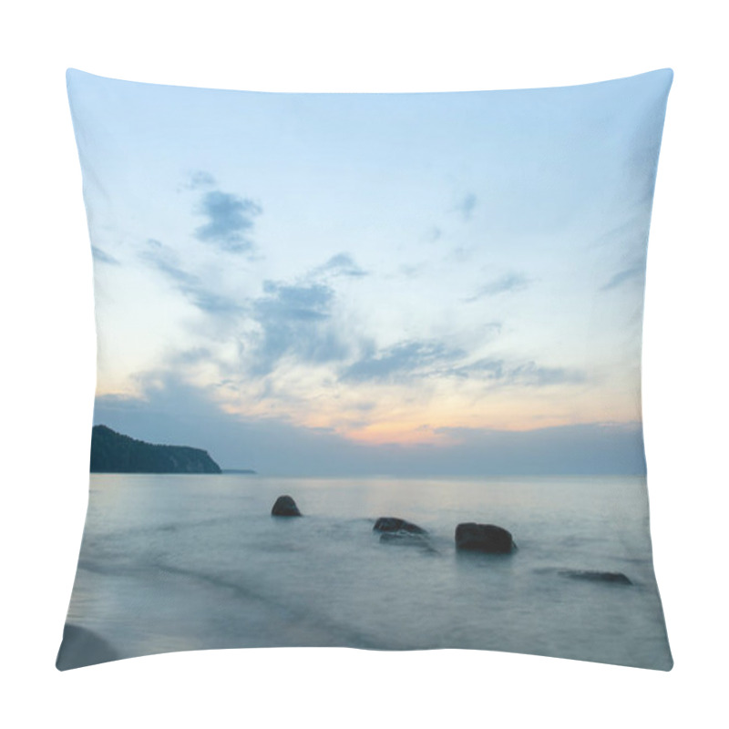 Personality  Long Shore With A Cliff On The Horizon, Smooth Surface Of The Sea With Large Stones Sticking Out Of The Water In Twilight Pillow Covers