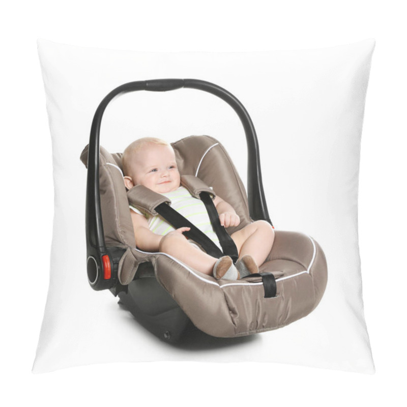 Personality  Adorable Baby In Child Safety Seat On White Background Pillow Covers