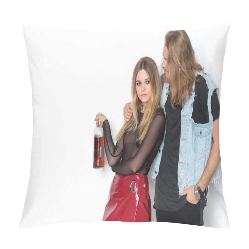 Personality  Young Addicted Couple With Bottle Of Rum Embracing On White Pillow Covers