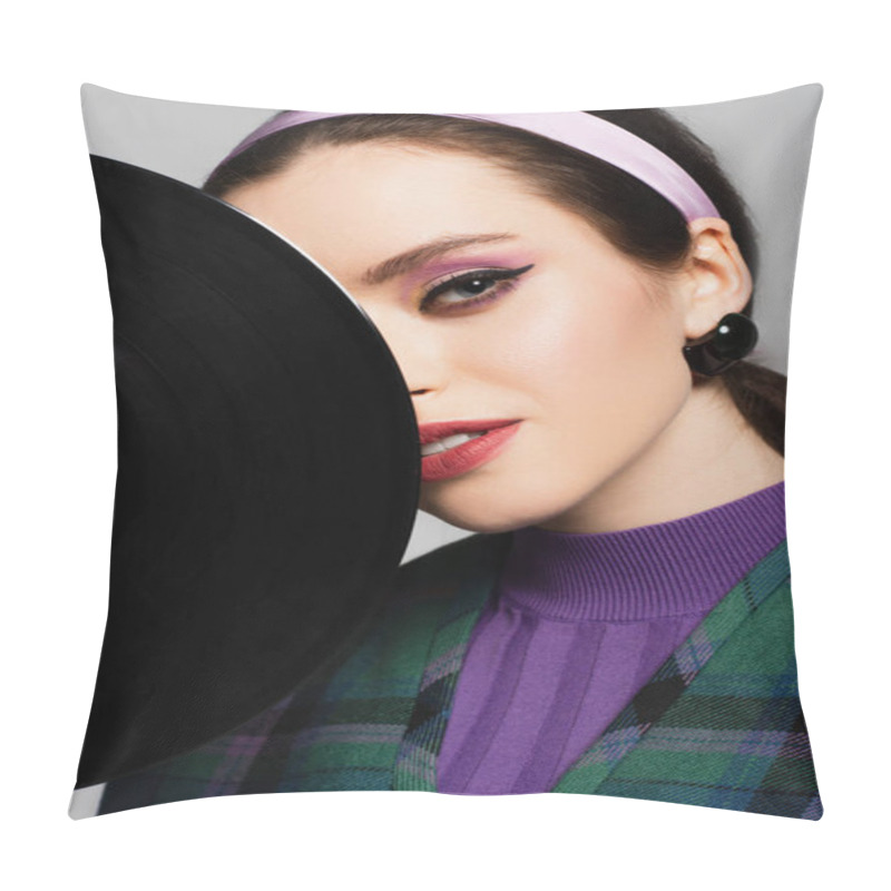 Personality  Young Woman In Headband Looking At Camera Near Retro Vinyl Disc Isolated On Grey Pillow Covers