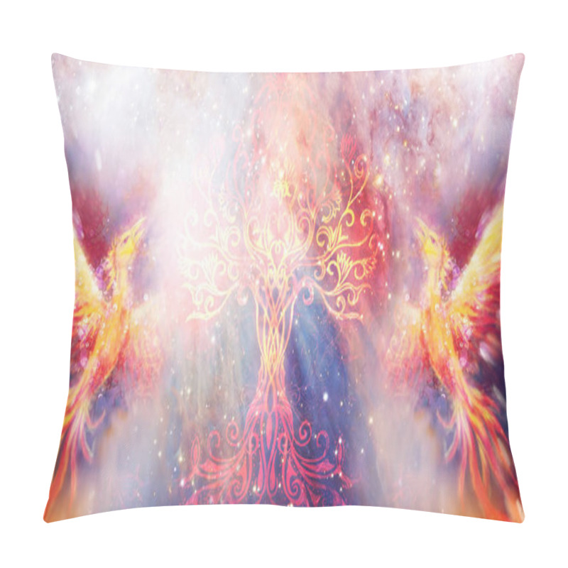 Personality  Pair Of Phoenix With Tree Of Life, Space Background. Pillow Covers