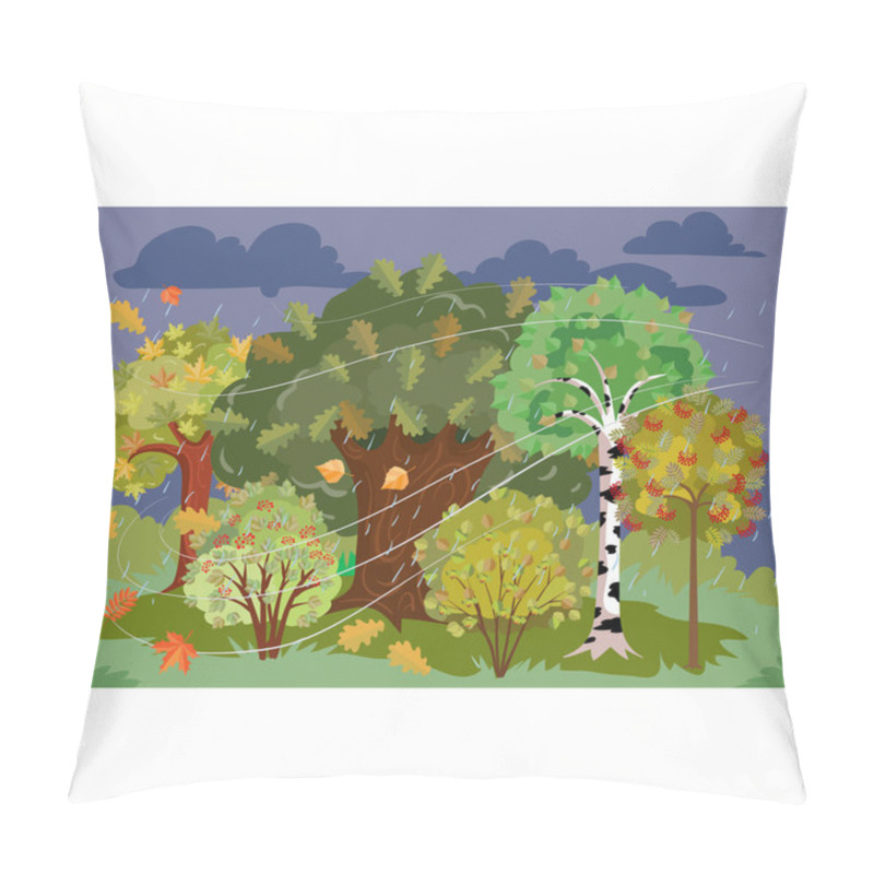 Personality  Autumn Landscape During Cloudy Weather, It Is Raining, Forest, Trees, Bushes And Sun, Cartoon Illustration, Vector, Eps Pillow Covers