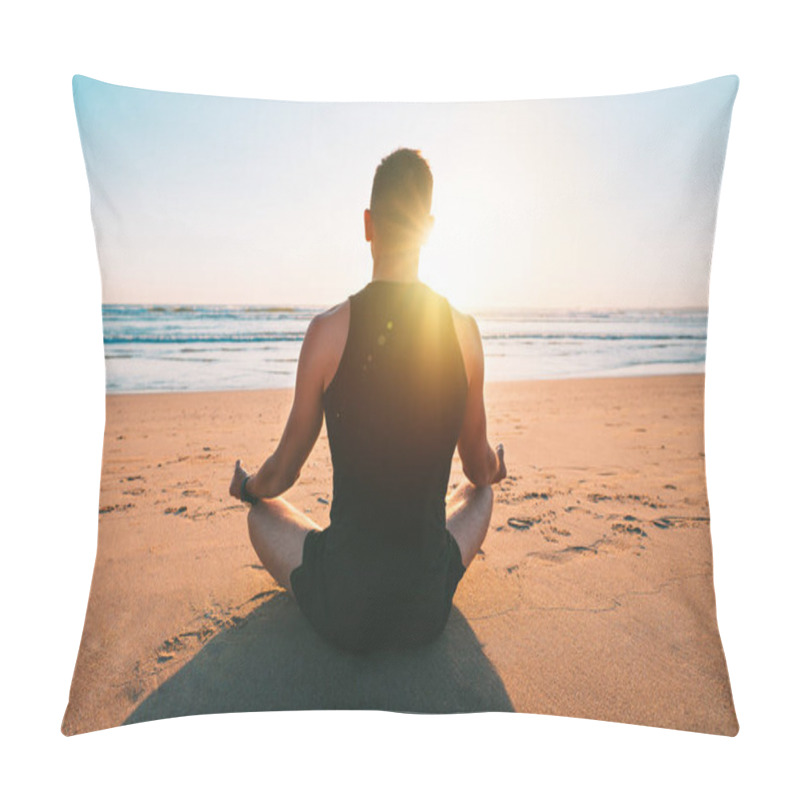 Personality  Healthy Man Practicing Yoga And Meditates On The Beach With Ocean View At Sunset Or Sunrise. Sitting In Easy Pose Or Sukhasana With Mudra On The Sand. Relaxation, Harmony, Freedom. Healthy Lifestyle Pillow Covers