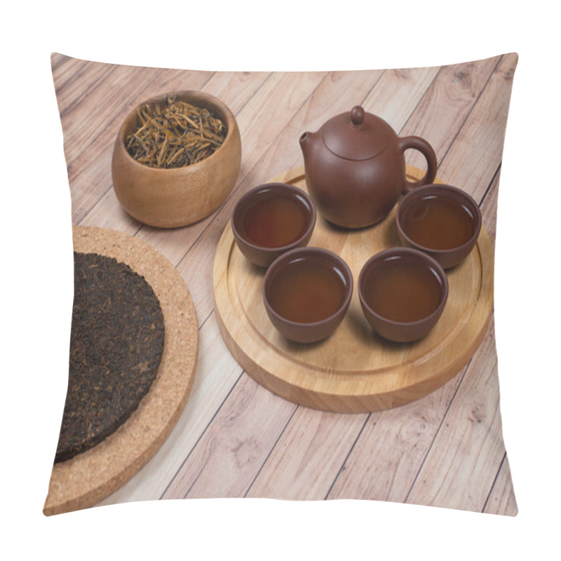 Personality  Clay Tea Set With Chinese Red Tea In Wooden Bowl And Pressed Chinese Puer On Cork Stand. Pillow Covers