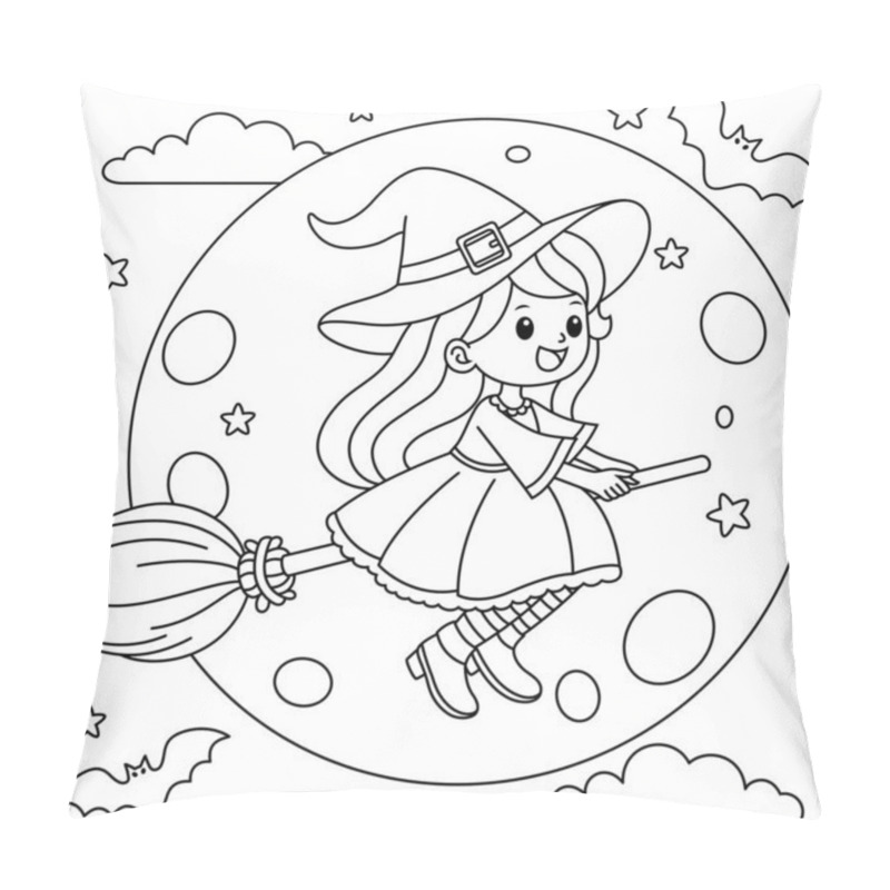 Personality  Cute Witch Flying On A Broomstick Across The Moon Background. Halloween Outline Coloring Page Pillow Covers