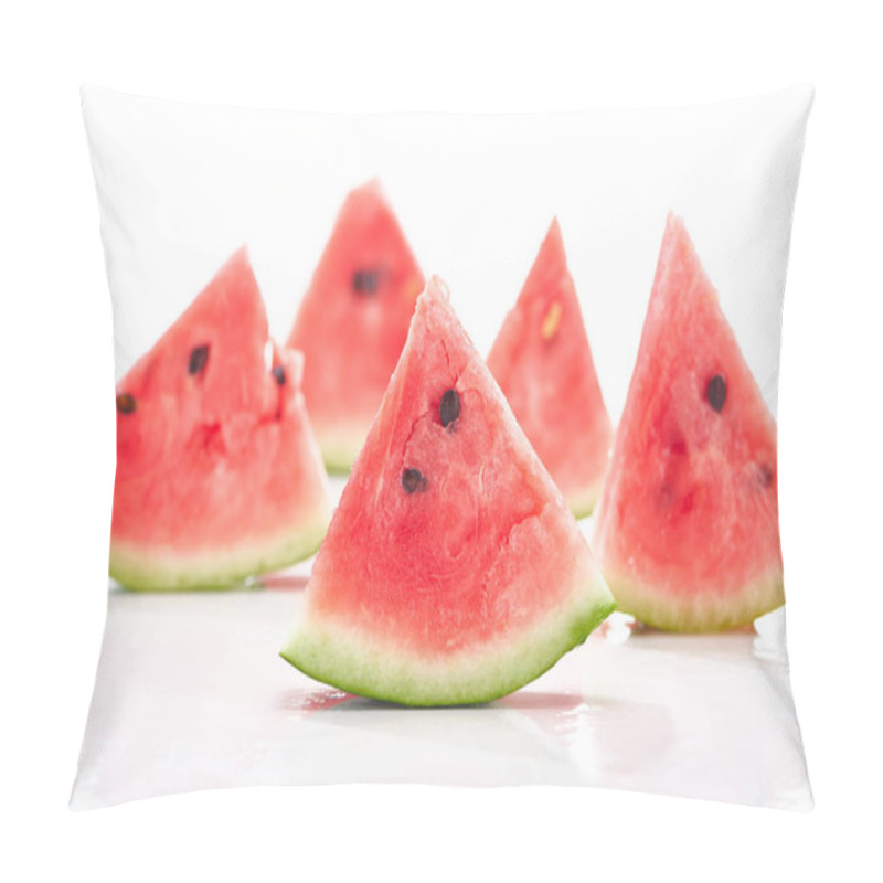 Personality  Selective Focus Of Delicious Juicy Watermelon Slices On White Background Pillow Covers