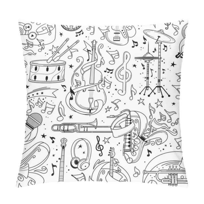 Personality  Musical Equipment Hand Drawn Outline Seamless Pattern. Trumpet, Microphone Line Art Texture. Black Contour String, Brass Instruments On White Background. Performance, Rock Concert Textile Design Pillow Covers