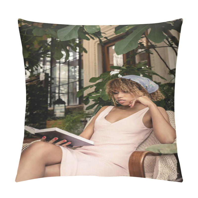 Personality  Trendy African American Woman In Summer Outfit Reading Book While Sitting On Armchair In Orangery, Stylish Woman Wearing Summer Outfit Surrounded By Tropical Foliage, Summer Concept Pillow Covers