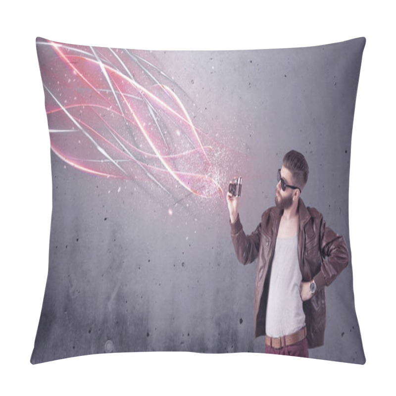 Personality  Elegant Hipster With Camera And Bright Lines Pillow Covers