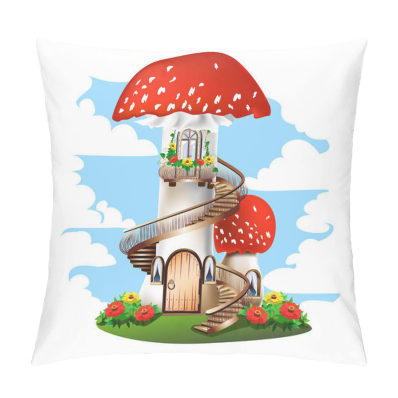 Personality  Colorful Illustration Of A Mushroom House With A Red Roof. Fairy Tale Vector Illustration. Pillow Covers