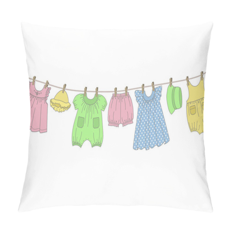 Personality  Baby Clothes Hang On The Clothesline. Things Are Dried On Clothespins After Washing. Vector Illustration On A White Background Pillow Covers