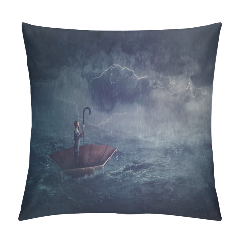 Personality  Person Sailing Alone The Ocean On An Umbrella Boat, Looking For Shore. Surreal Scene With A Storm Over The Sea. Fantastic Adventure Concept. Business Despair Metaphor, Conquering And Facing Adversity Pillow Covers