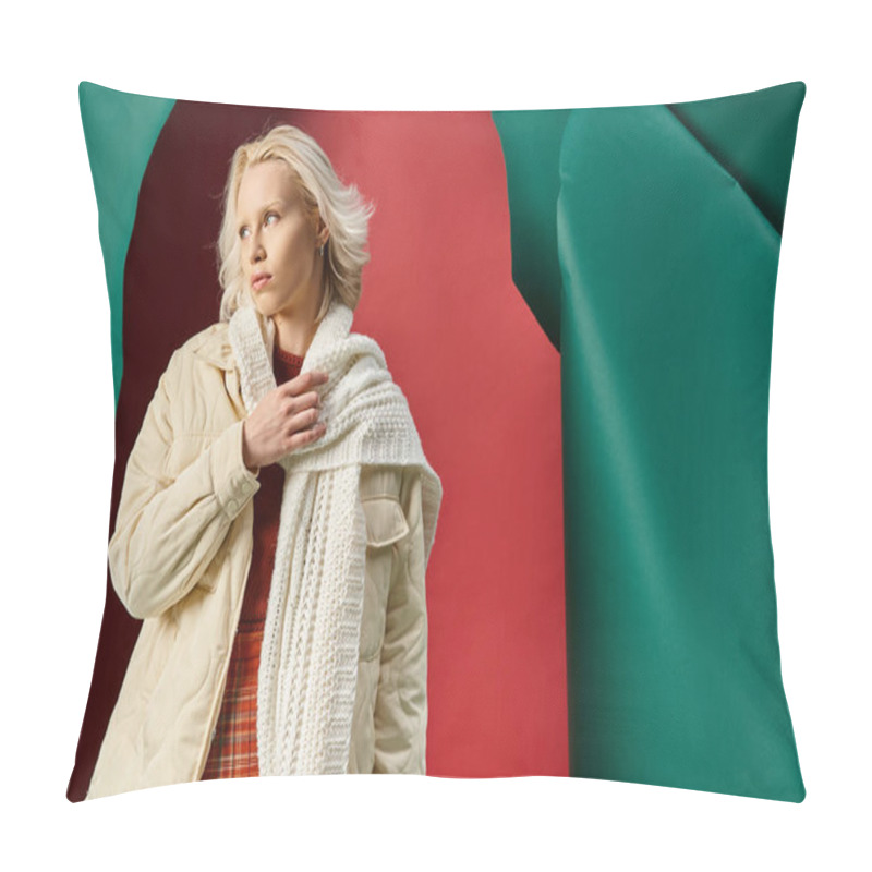 Personality  Young Blonde Woman In Winter Jacket Adjusting Knitted Scarf On Red With Turquoise Backdrop Pillow Covers