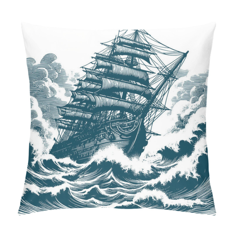 Personality  Linear Drawing Of A Sailing Ship In A Stormy Sea Pillow Covers