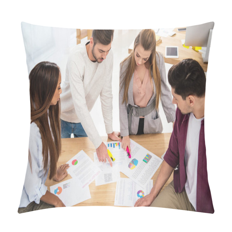 Personality  Multiethnic Business Colleagues Discussing New Marketing Project At Workplace In Office Pillow Covers