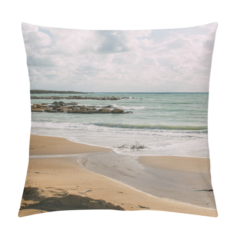 Personality  Coastline With Sandy Beach Near Mediterranean Sea Against Blue Sky Pillow Covers