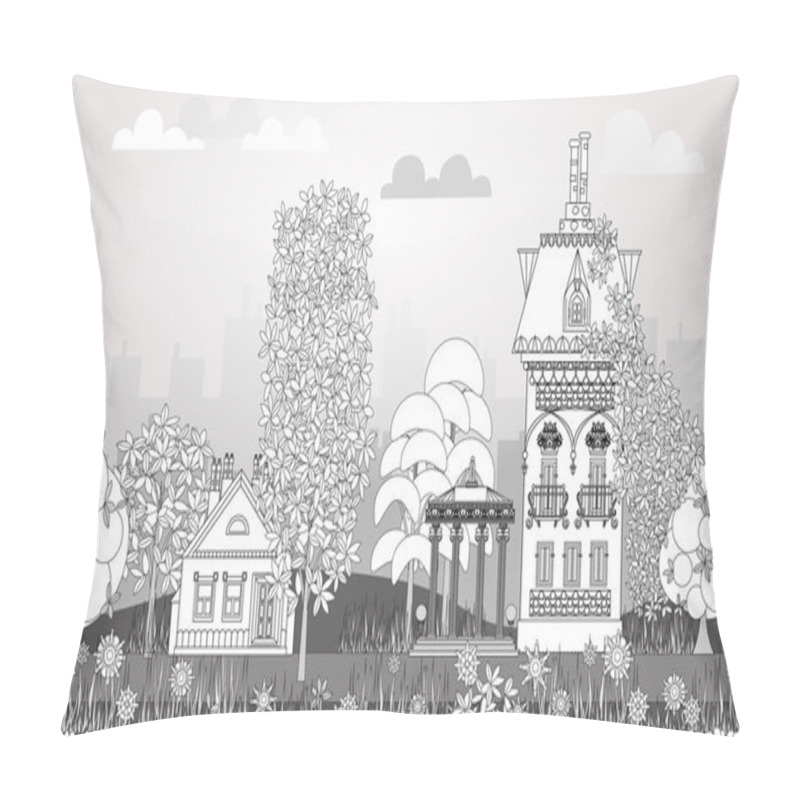 Personality  Doodle Of Beautiful City With Very Detailed And Ornate Town Houses Pillow Covers