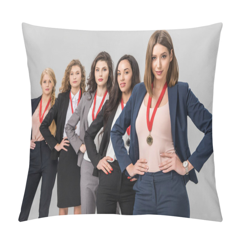 Personality  Selective Focus Of Successful Businesswomen Standing With Medals Isolated On Grey  Pillow Covers